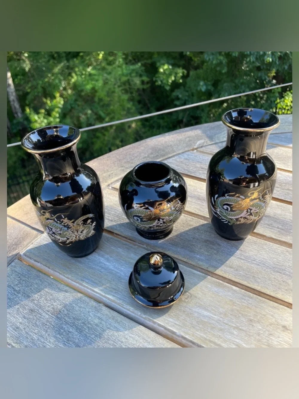 Vintage 3-Pc Black Gold Dragon Ceramic Vases & Ginger Jar⁠